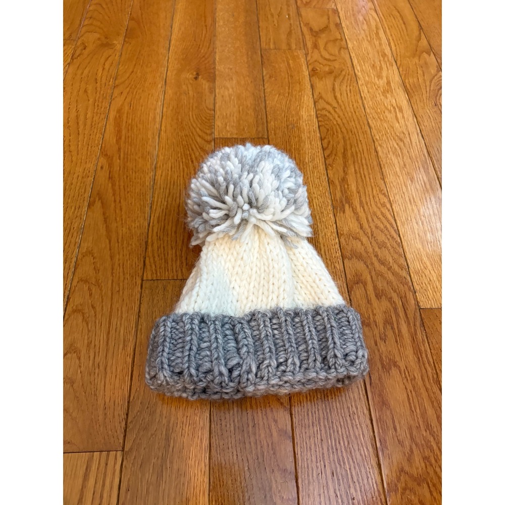 Gelso Bianco Italy Chunky Knit Pom Pom Beanie Grey Cream Alpaca Wool Mix